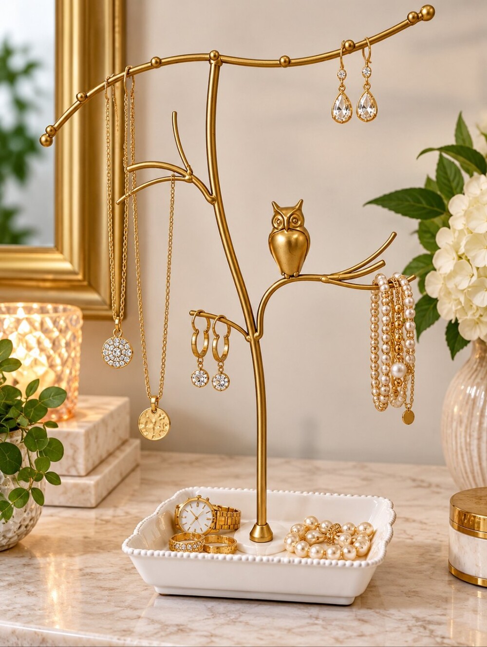 Gold Owl Jewelry Tree with White Tray